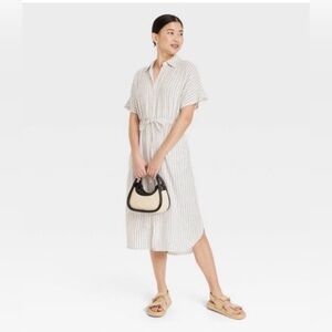 A New Day Women’s Cream Striped Midi Linen Dress Sz L Resortwear Travel Basic